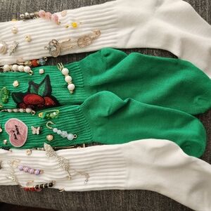 Green and White Embellished Socks